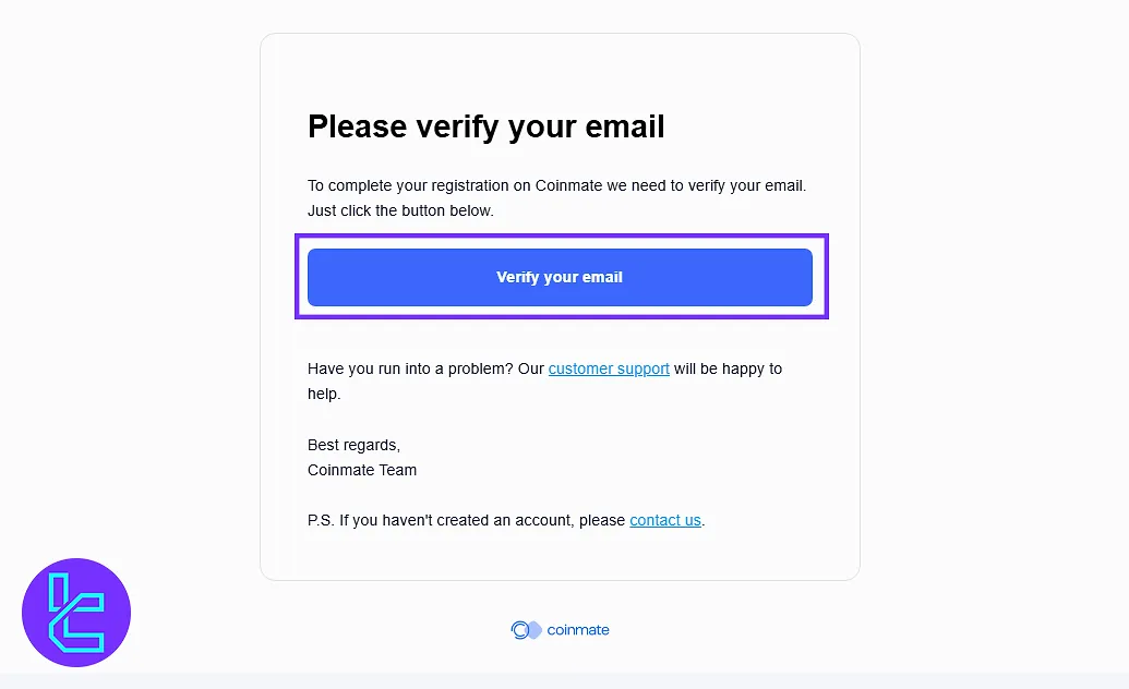 Email inbox with Coinmate verification email to complete the signup process