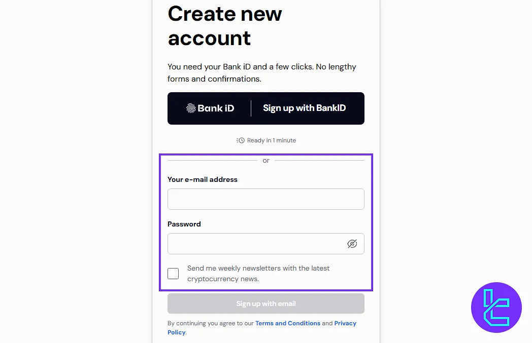 Coinmate registration form fields for email and password