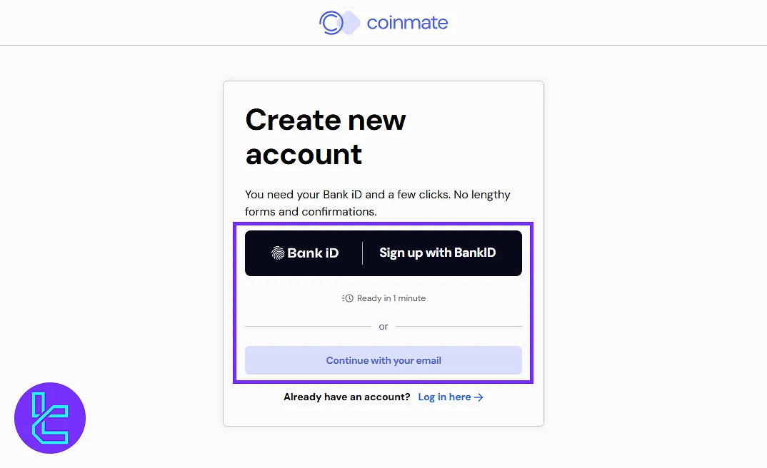 Coinmate registration page with options for Bank ID and email