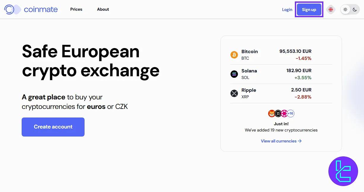 Coinmate homepage showing the signup option