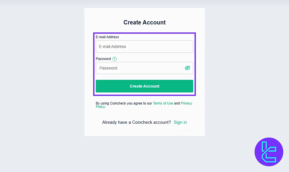 Coincheck registration form with email and password fields