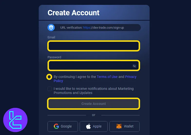 Dex-Trade sign-up form