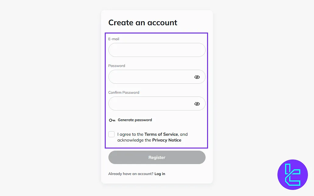 C-Patex email and password registration form
