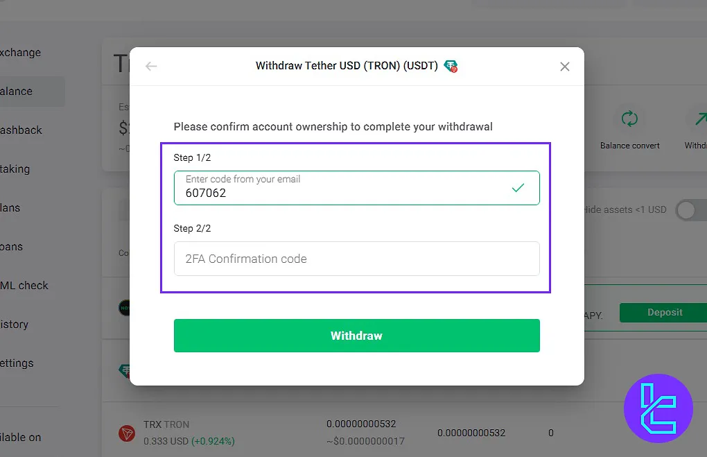 Account ownership verification before USDT TRC0 payout on ChangeNow