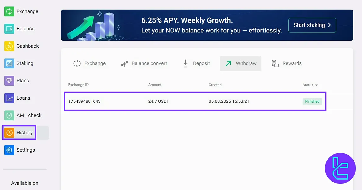 USDT TRC20 payout history check in ChangeNow