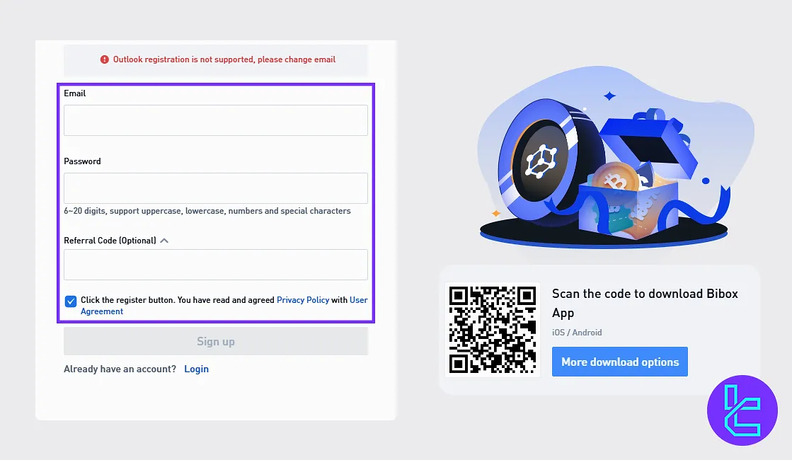 Bibox registration form with email, password, and referral code fields