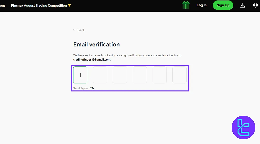 Phemex email verification message with confirmation code in the signup process