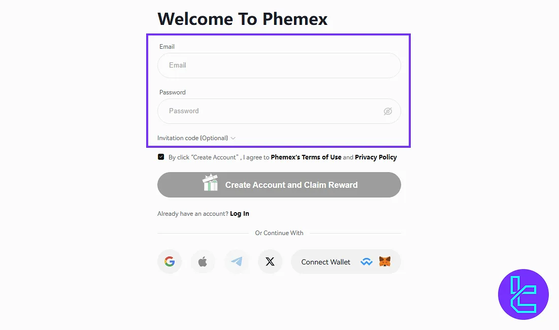 Phemex registration form with fields for email, password, and invitation code