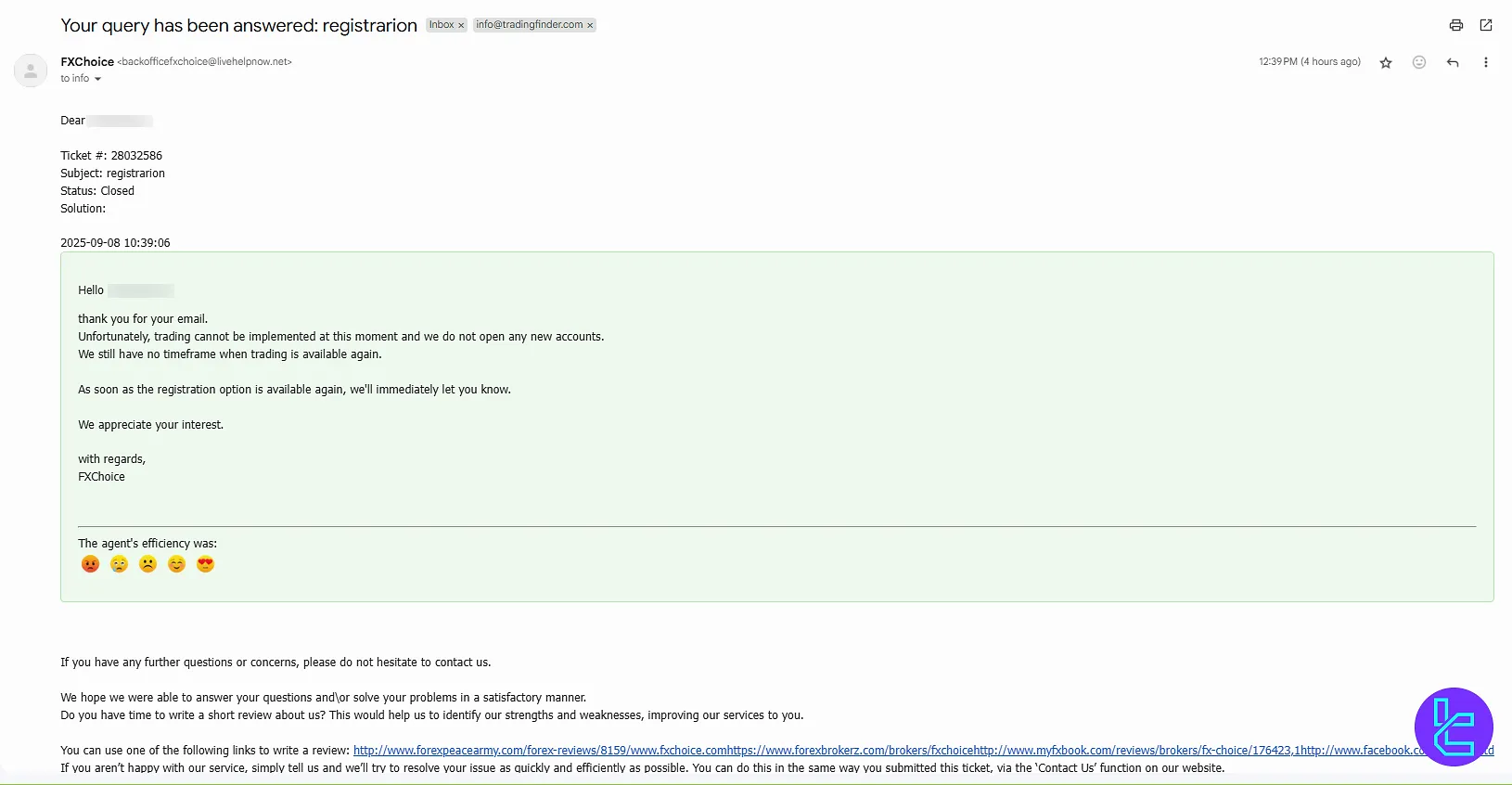 The email received from FXChoice