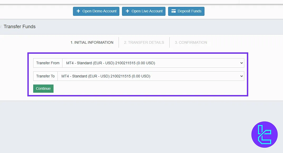 Key to Markets dashboard internal transfer