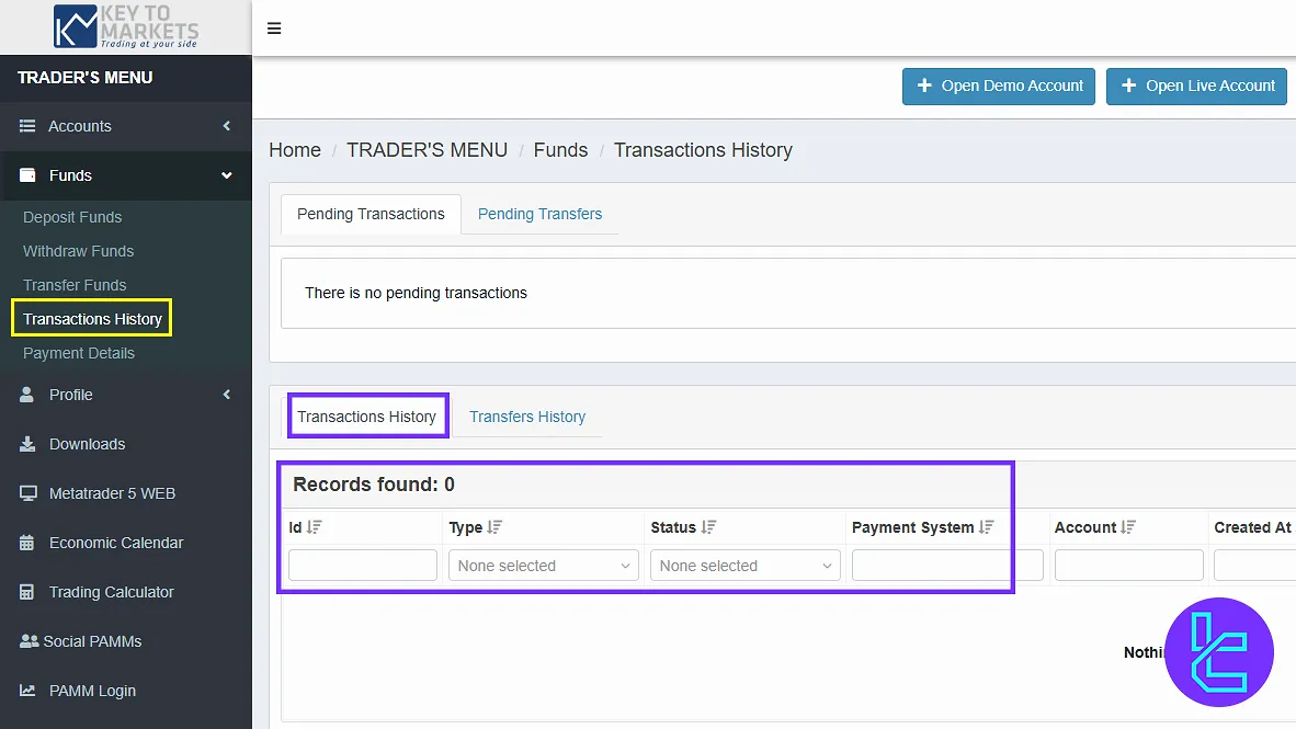Key to Markets client portal, trading history