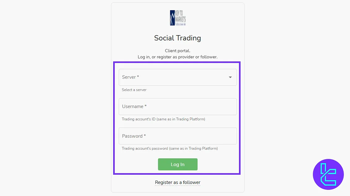 Key to Markets panel social trading login
