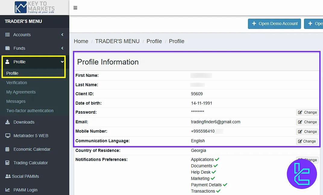 Key to Markets dashboard profile settings