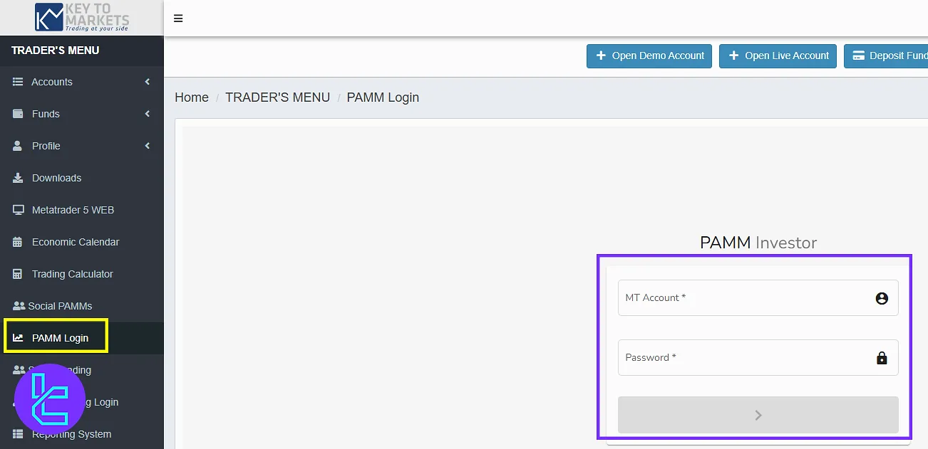 Key to Markets’ dashboard PAMM login and setup
