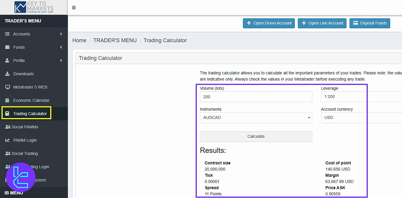 Key to Markets dashboard trading calculator