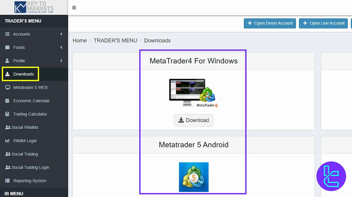MT4/MT5 downloads from the Key to Markets panel