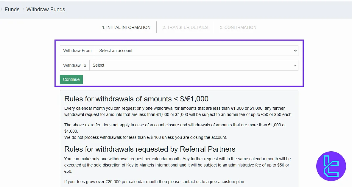 Key to Markets member area, withdraw funds