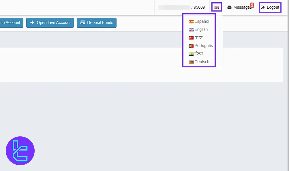Key to Markets user panel, logout, and language options