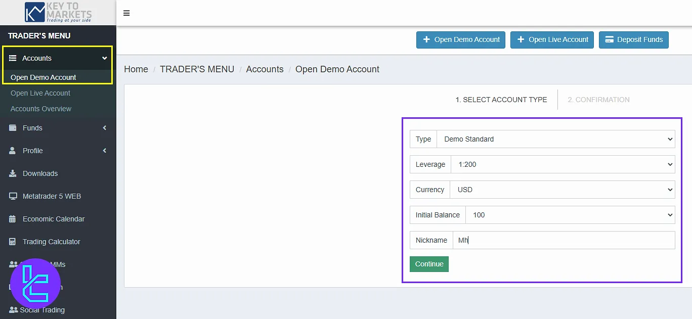 Key to Markets dashboard adding demo account