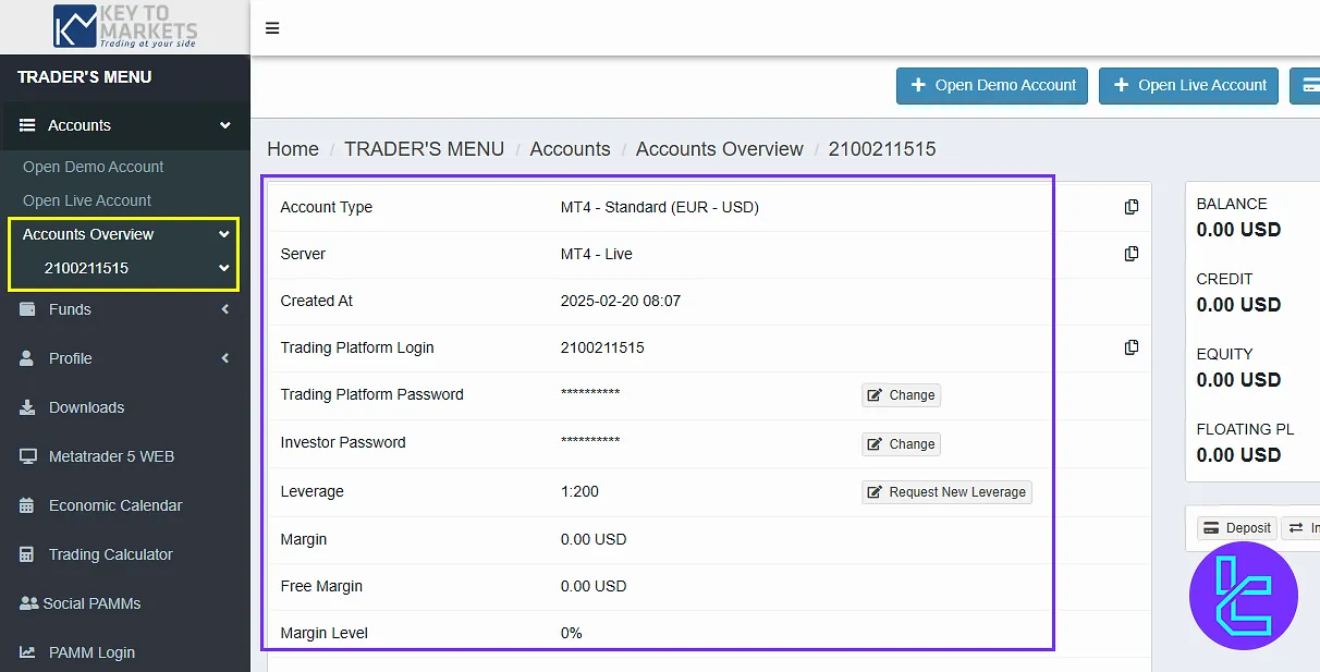Key to Markets member area accounts overview
