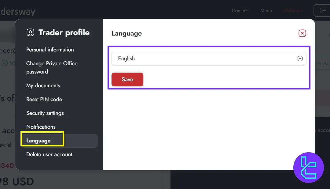 Language settings in the Trader’s Way panel