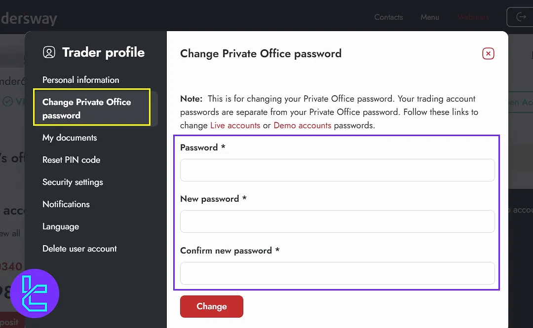 Trader’s Way panel password change