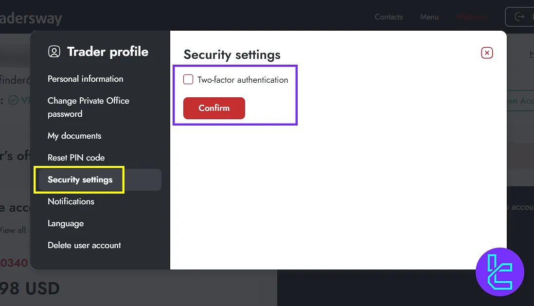 Trader's Way 2FA settings in the client area