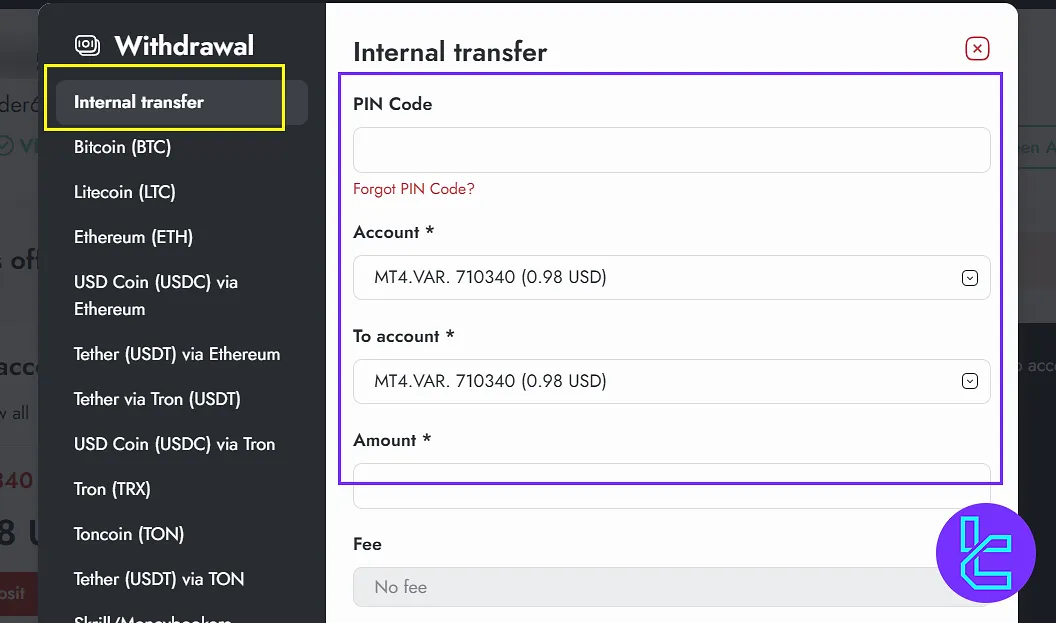 Trader's Way user panel internal transfer section