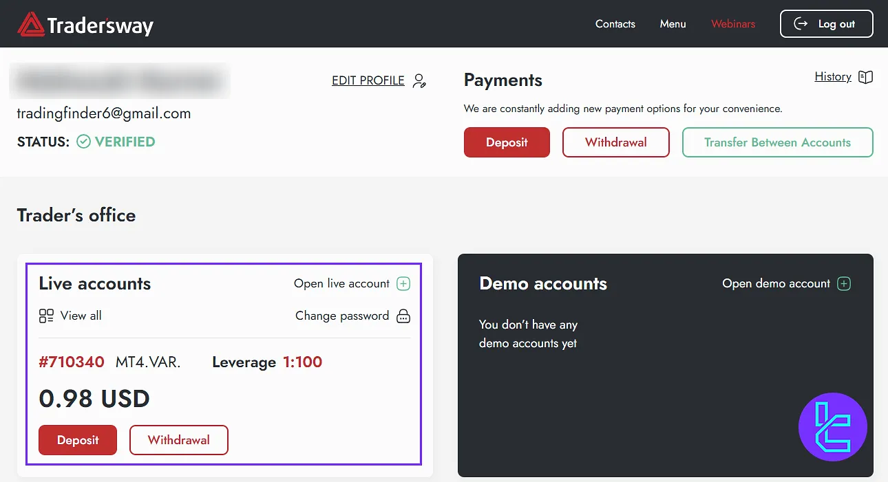 Trader's Way panel real account details