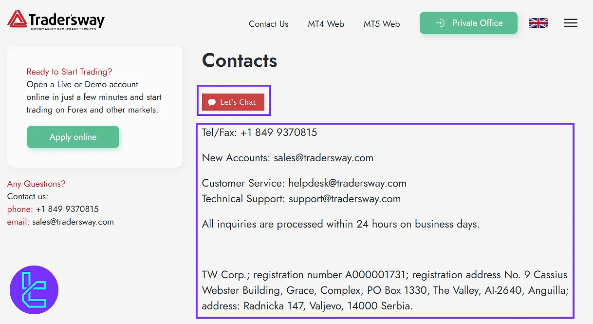 Contact option on the Trader’s Way client area