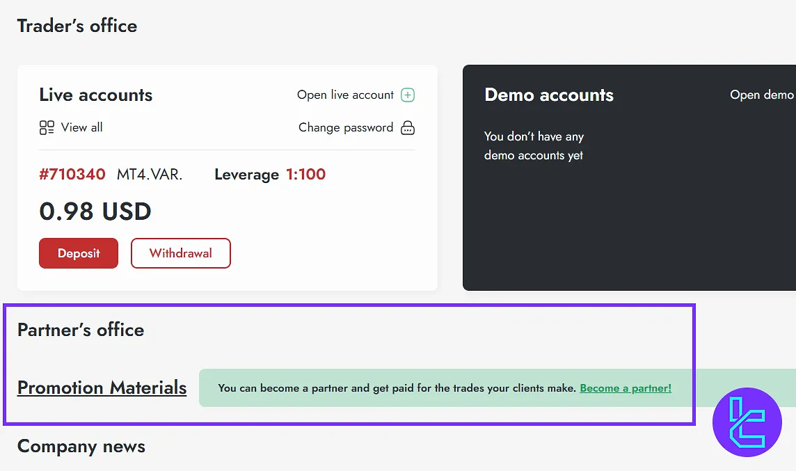 Trader's Way client area, IB, and promo tools