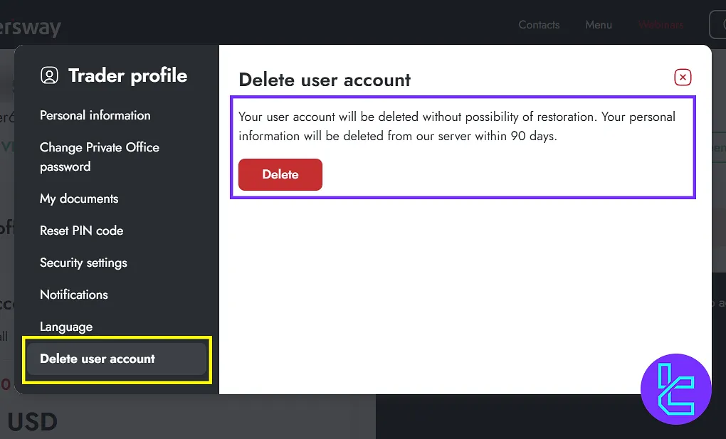 Trader's Way delete account option in the dashboard