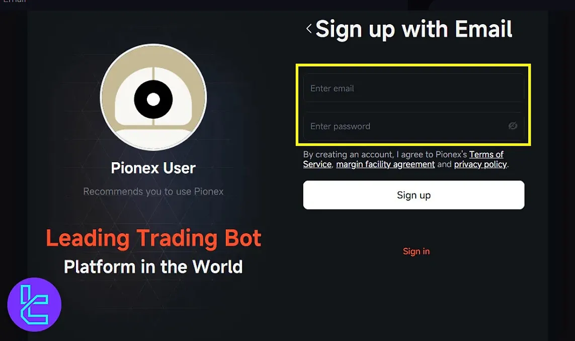 Pionex email and password sign up