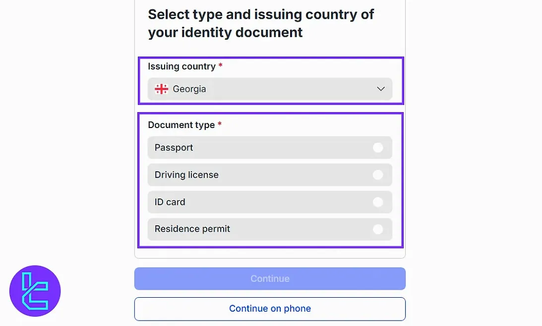 Pionex choose country and document type