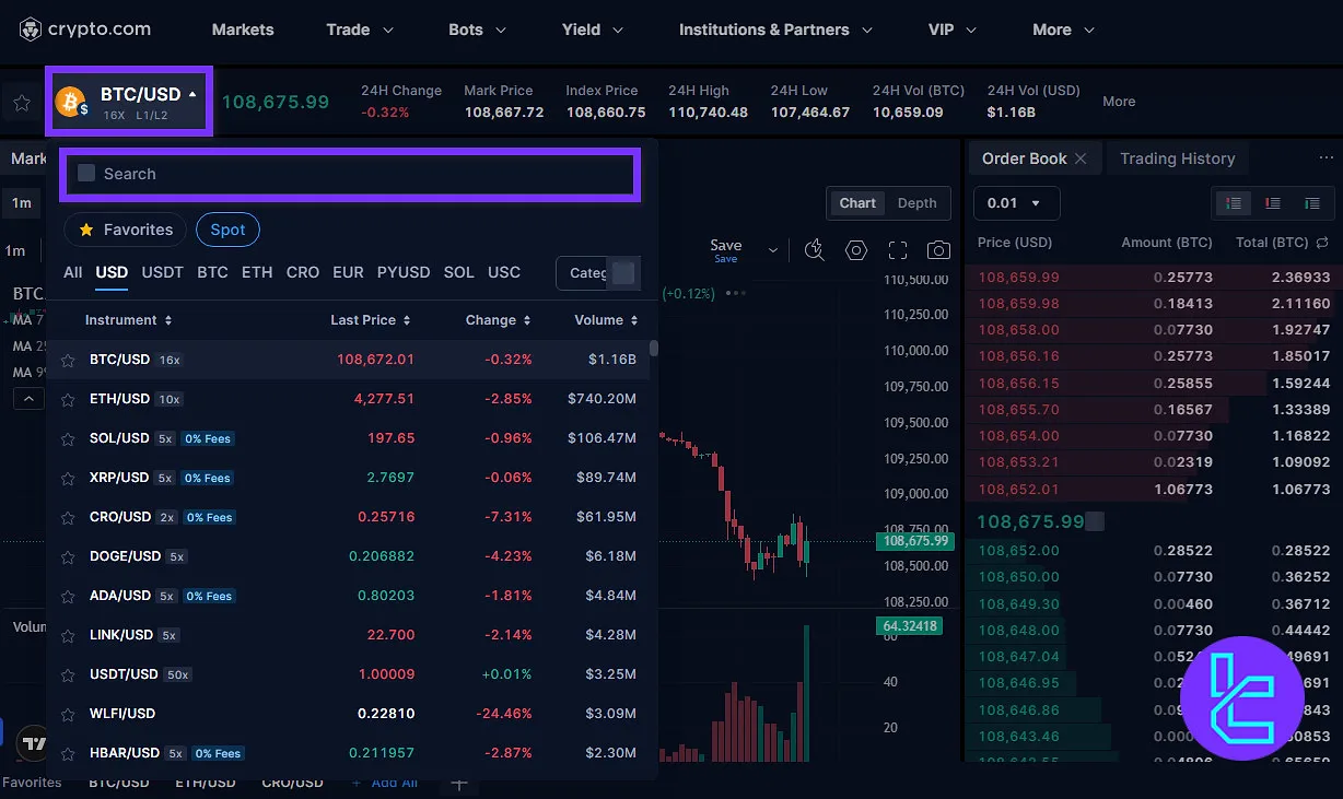 Crypto.com market pair selection