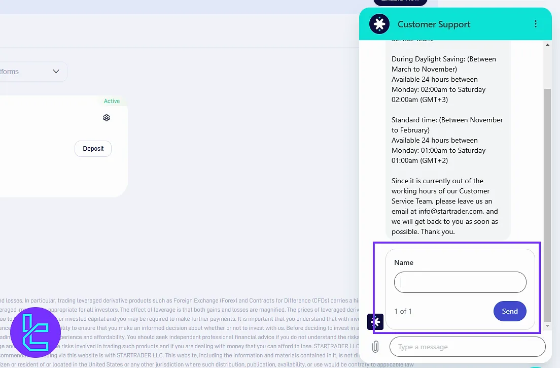 STARTRADER user panel support section