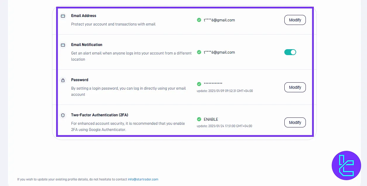 STARTRADER dashboard security tab