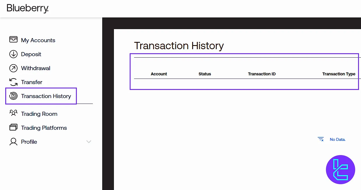 Blueberry user dashboard transaction history activation