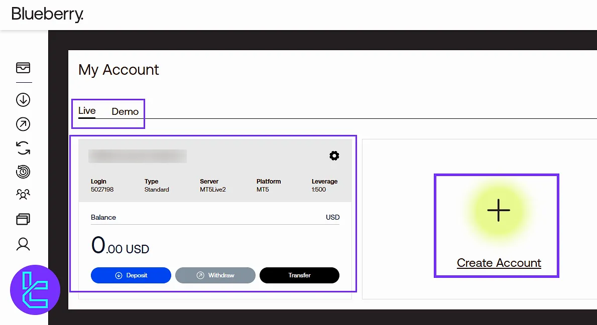 Blueberry dashboard, real and demo account creation