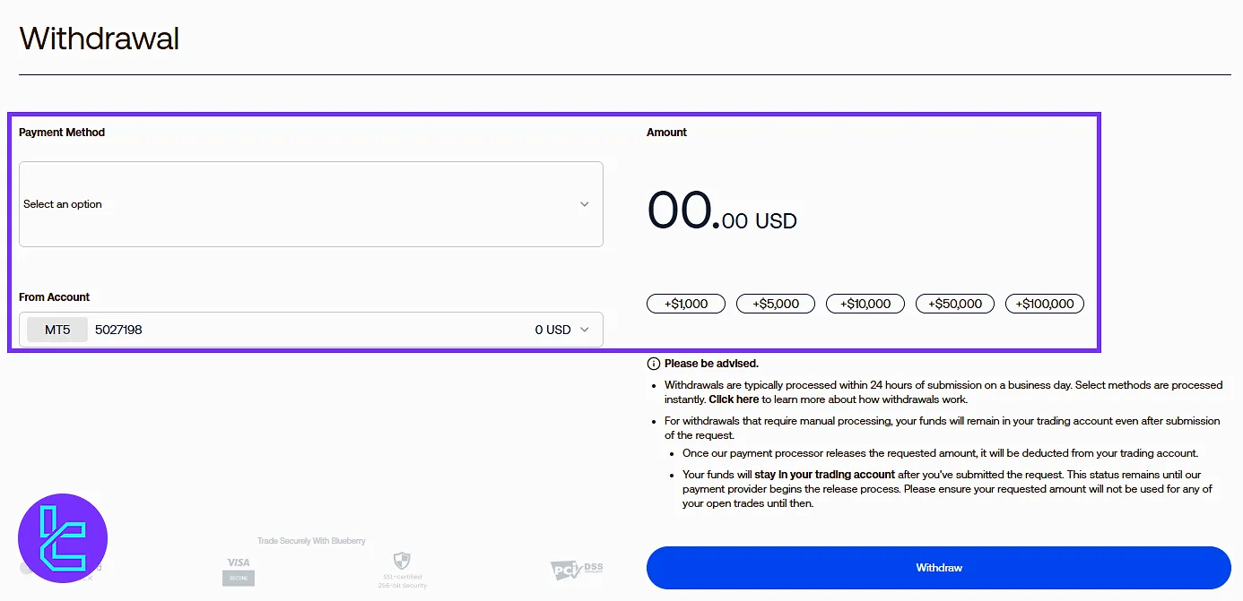 Blueberry dashboard withdrawal process section