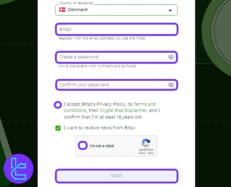 Bitso account setup form