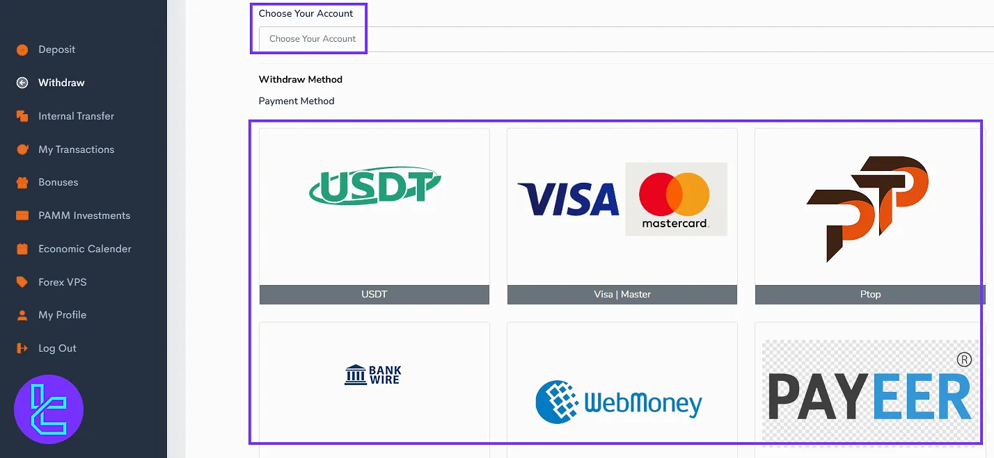 TNFX dashboard withdrawal options panel
