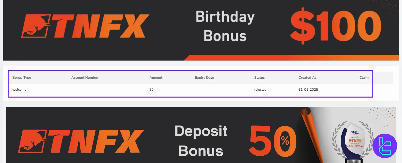 TNFX bonuses section panel