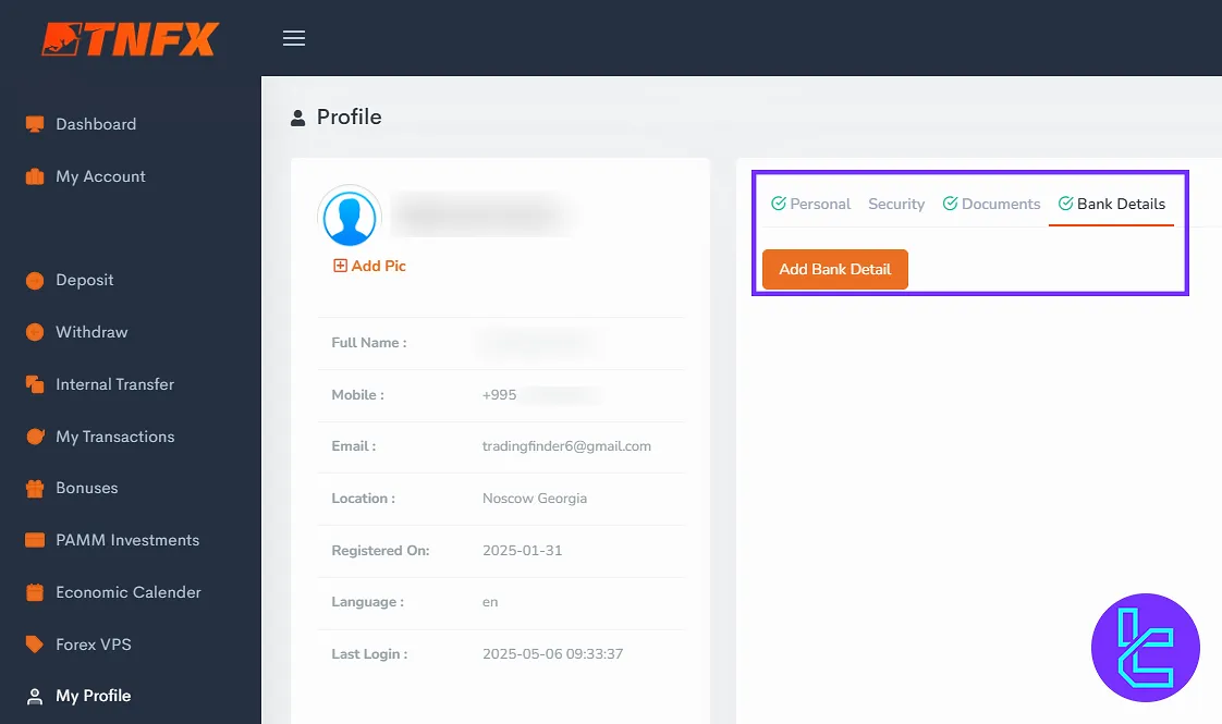 Bank details access through the TNFX member area