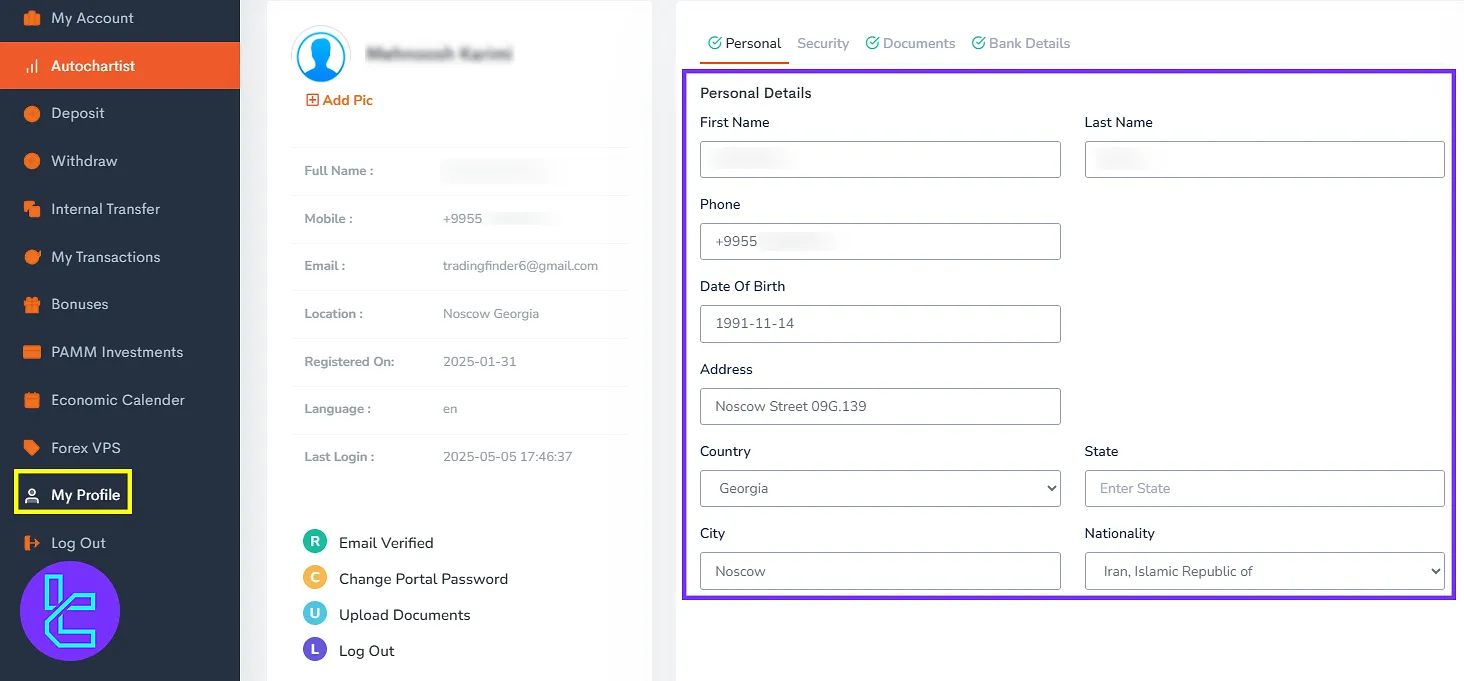 TNFX personal info management in the client portal