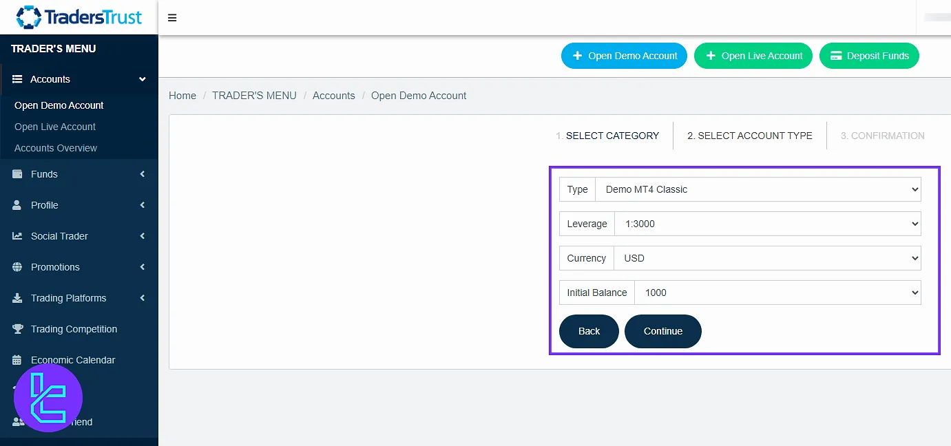 Traders Trust dashboard demo and live account setup