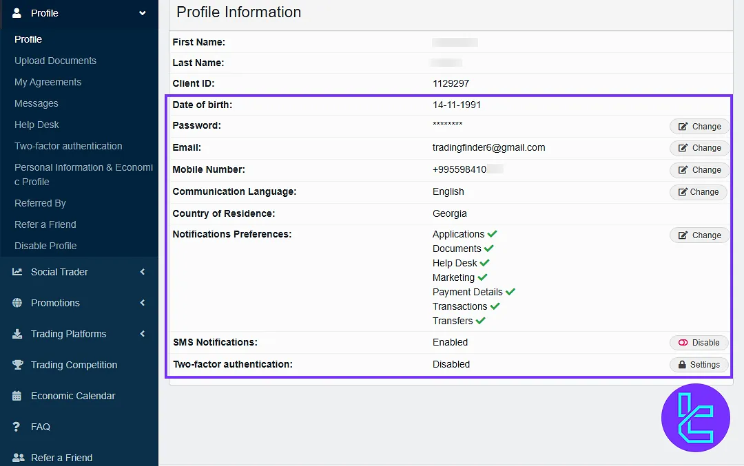 Traders Trust dashboard profile settings for managing personal data
