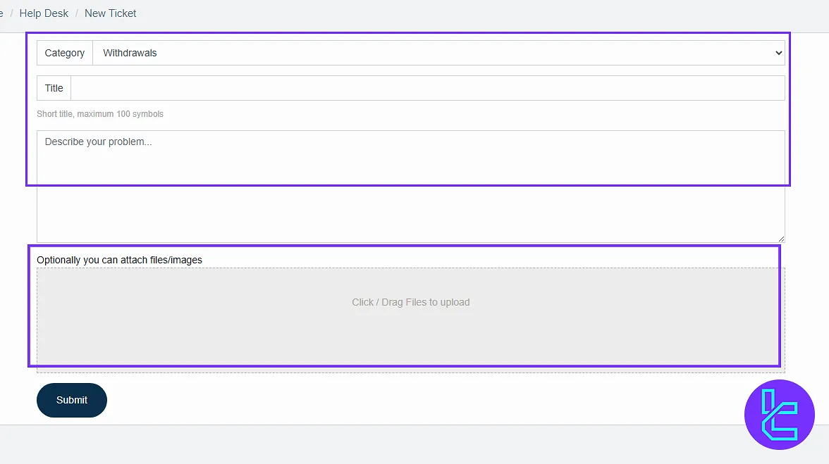 Traders Trust dashboard help desk ticket creation screen