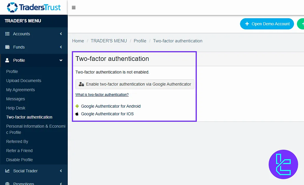 Enable 2FA via QR code in the Traders Trust client portal