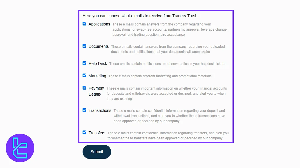 Traders Trust dashboard notification preferences setup